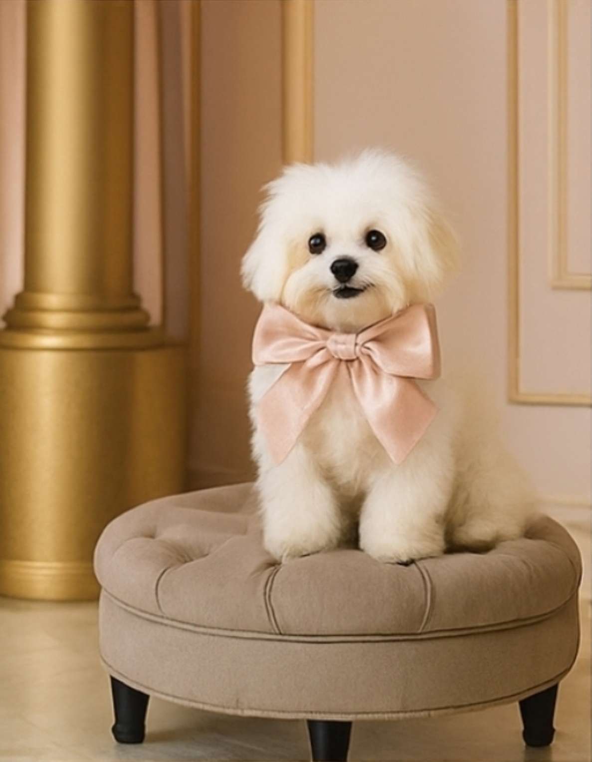 כלב לבן קטן עם סרט ורוד על הדום מרופד