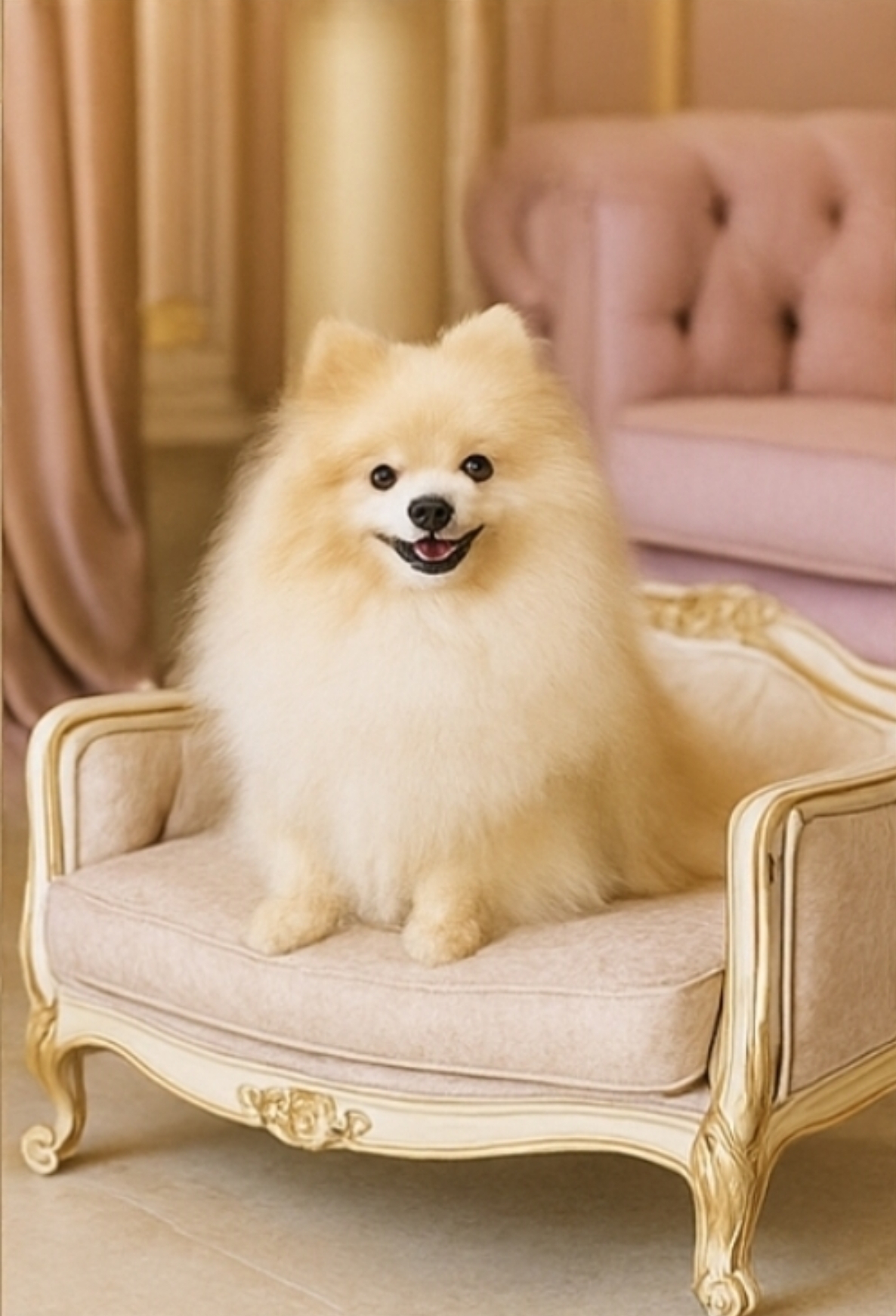 פומרניאן פרוותי על כורסה מוזהבת בחדר פסטלי